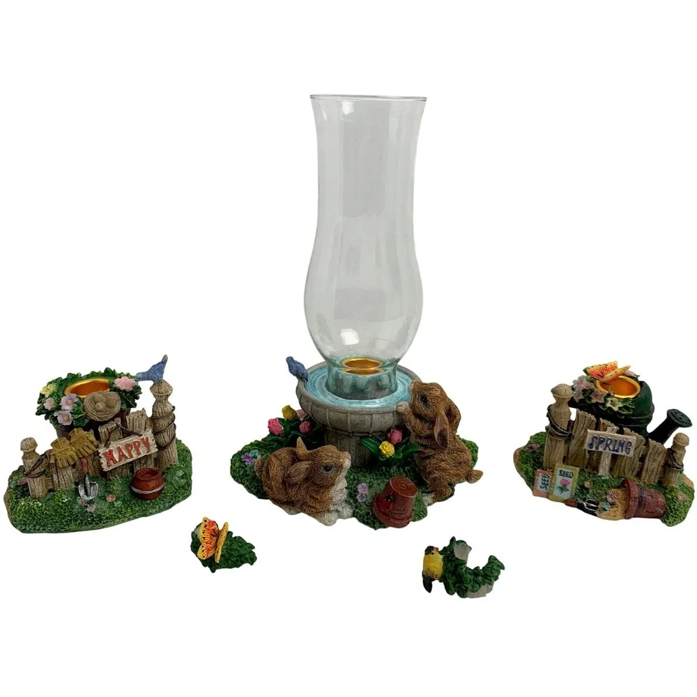 Easter Candle Holder Set Home Decor Spring Garden Bunnies Floral‎ Hurricane